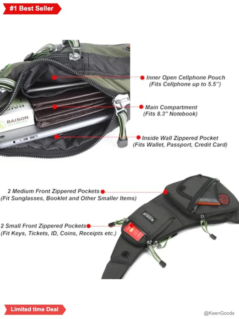 NICGID Sling Bag Chest Shoulder Backpack Crossbody Daypack Nylon
